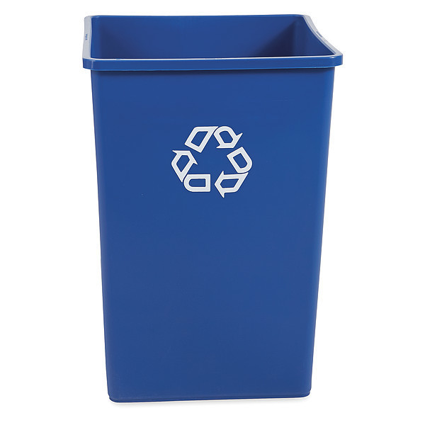 Rubbermaid Commercial 35 gal Square Recycling Bin, Open Top, Nickel/Satin Alum, Plastic, 1 Openings FG395873BLUE