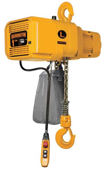 Harrington Electric Chain Hoist, 2,000 lb, 20 ft, Hook Mounted - No Trolley, 460V, Yellow NER010SD-20