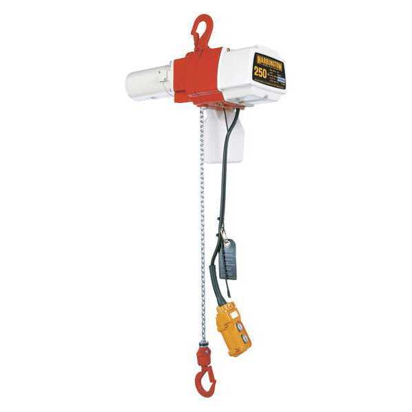Harrington Electric Chain Hoist, 250 lb, 10 ft, Hook Mounted - No Trolley, 120v, Red ED250DS-10