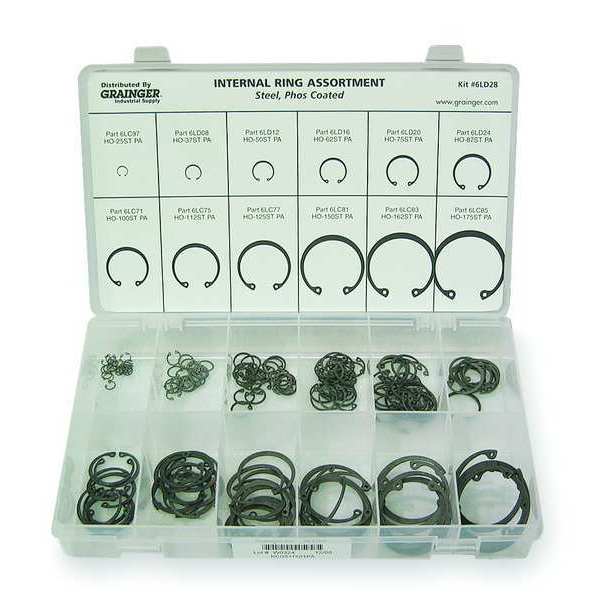 Zoro Select Internal Retaining Ring Assortment, Steel, Phosphate Finish, 180 Pieces, 12 Sizes RCI25175STPA