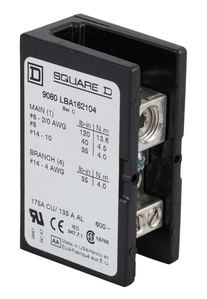 Square D Pwr Dist Block, 175A, 1P, 2/0-6AWG, 600VAC 9080LBA162104