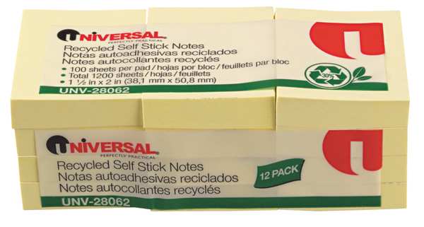 Universal One Recycled Sticky Notes, 1-1/2 x 2, Ylw, PK12 UNV28062