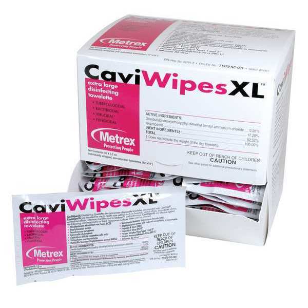 Caviwipes Disinfecting Wipes, White, Packet, 50 Wipes, 12 in x 10 in, Alcohol 13-1155