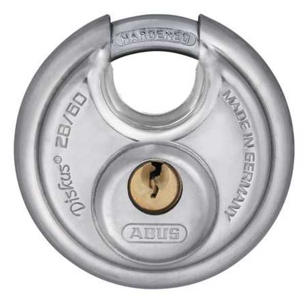 Abus Padlock, Keyed Alike, Partially Hidden Shackle, Disc Stainless Steel Body, Steel Shackle 28/60 KA