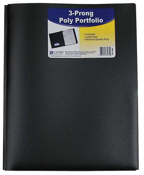 C-Line Products Poly Portfolio Folder, w/Prongs, Blk, PK25 33961