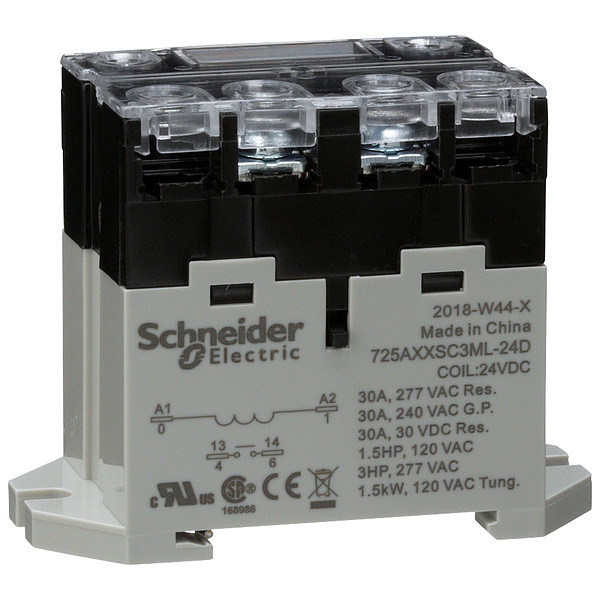 Schneider Electric Enclosed Power Relay, DIN-Rail & Surface Mounted, SPST-NO, 24V DC, 4 Pins, 1 Poles 725AXXSC3ML-24D