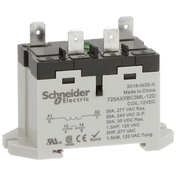 Schneider Electric Enclosed Power Relay, DIN-Rail & Surface Mounted, SPST-NO, 12V DC, 4 Pins, 1 Poles 725AXXBC3ML-12D