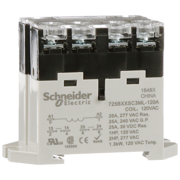 Schneider Electric Enclosed Power Relay, DIN-Rail & Surface Mounted, DPST-NO, 120V AC, 6 Pins, 2 Poles 725BXXSC3ML-120A