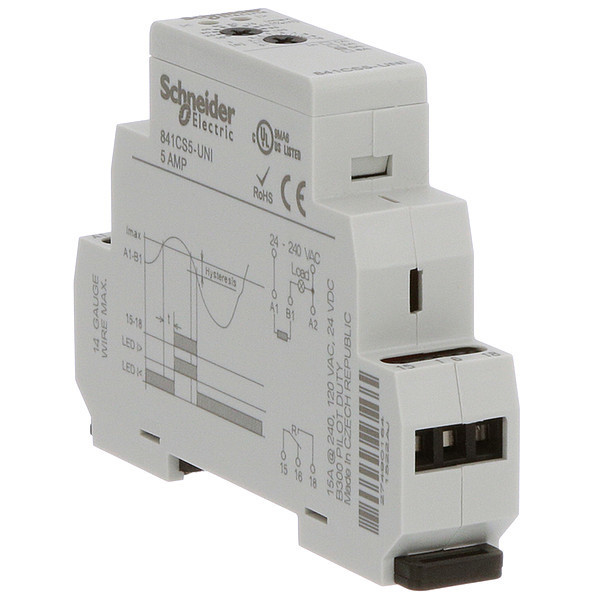 Schneider Electric Current Sensing Relay, 0.5to5A, 24to240VAC, Mounting: Din Rail 841CS5-UNI