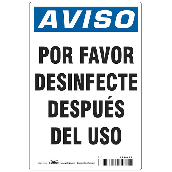 Condor Spanish Por Favor Desinfecte Sign, 10 in Height, 7 in Width, Polystyrene, Rectangle, Spanish HWN838P1007