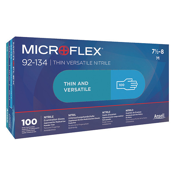 Ansell Microflex Exam Gloves with Textured Fingertips, Nitrile, Powder-Free, XL (Size 10), Blue, 100 Pack 92-134