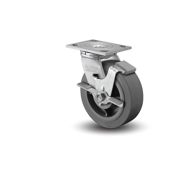 Albion 5" X 2" Non-Marking Rubber Soft Flat Swivel Caster, Face Brake, Loads Up To 375 lb 16XS05201SFBA