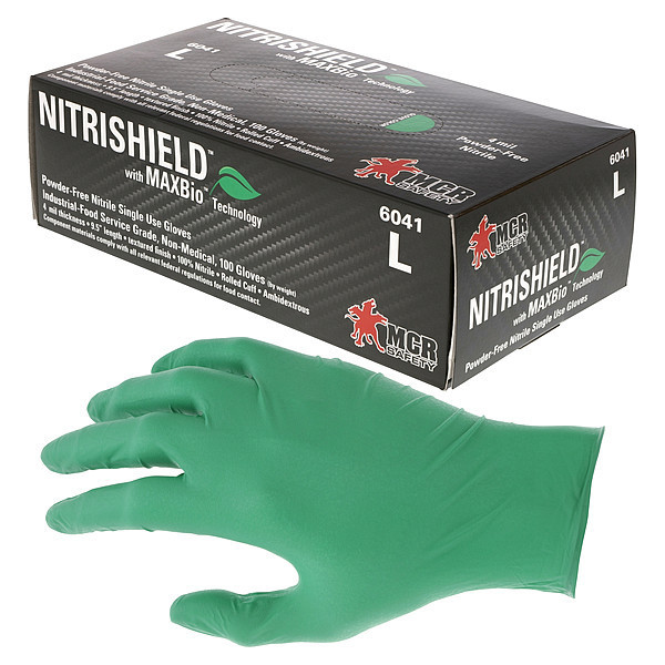 Mrc Safety NitriShield, Nitrile Disposable Gloves, 4 mil Palm, Nitrile, Powder-Free, L, 1000 PK, Green 6041L