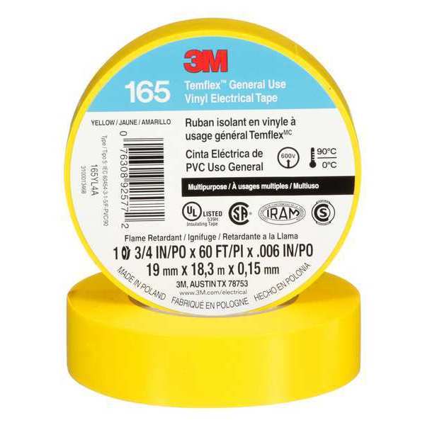 3M Elec Tape, 60 ft Lx3/4 in W, 6 mil, Yellow 165YL4A