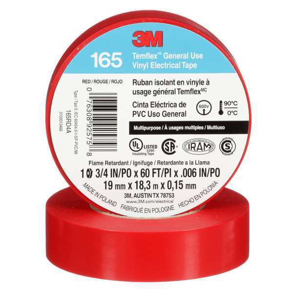 3M Elec Tape, 60 ft Lx3/4 in W, 6 mil, Red 165RD4A