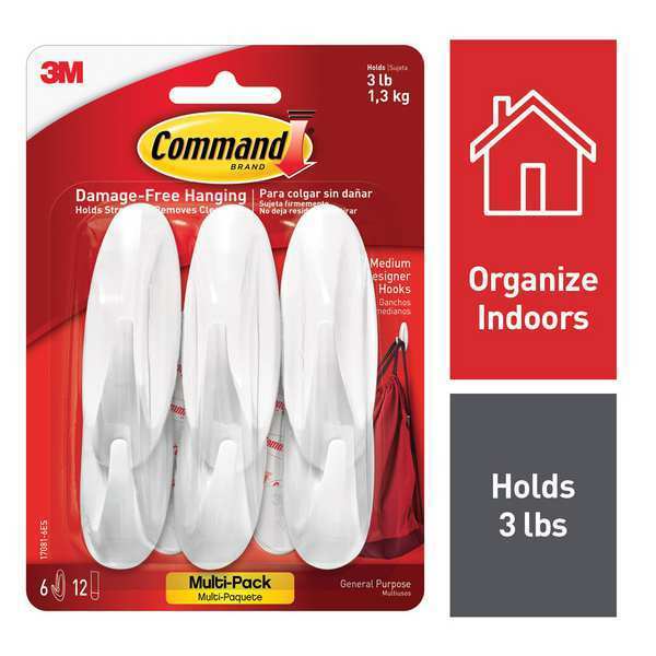 Command Designer Hook, Plastic, White, PK6 17081-6ES