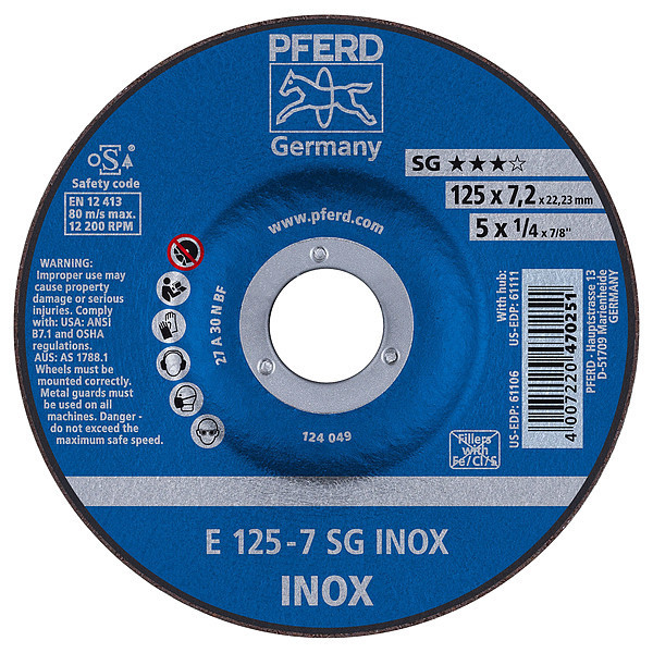 Pferd 5" x 1/4 Grinding Wheel, 7/8" A.H. - SG INOX - Type 27 61106