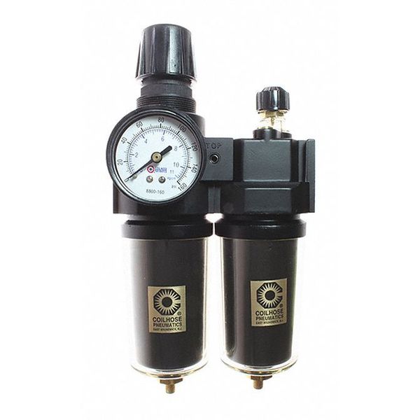 Coilhose Pneumatics F/R/L Trio W/Gage Metal Bowl Sight Glass 0-200PSI 1/2" CO 27FCL4-GHS