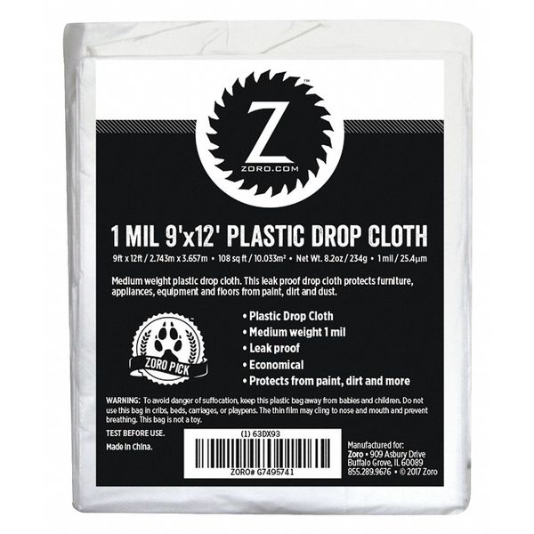 Zoro Plastic Dropcloth, 1 mL, 9ft.x12ft. G7495741
