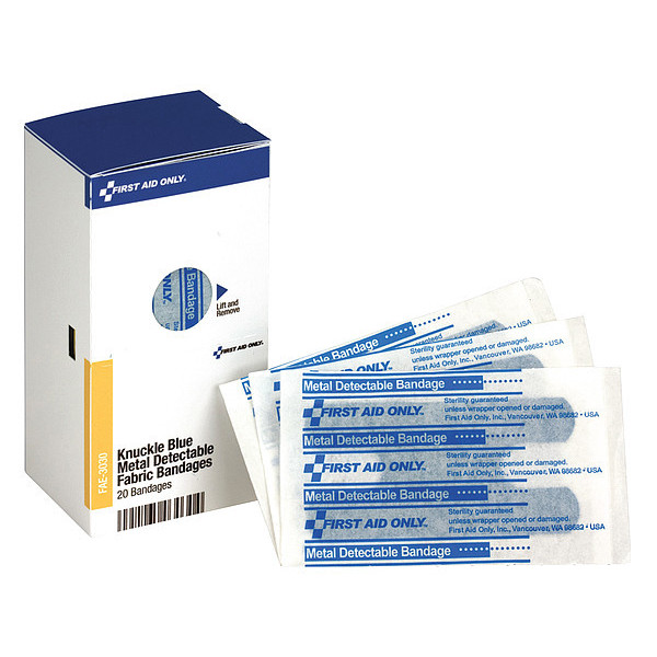 First Aid Only First Aid Kit Refill, Knuckle Blue Metal Detectable Bandages, 20 Per Box FAE-3030