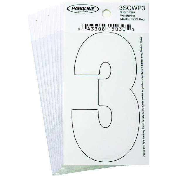 Hardline Products Number 3 Decal, 3" White Vinyl, PK10 3SCWP3