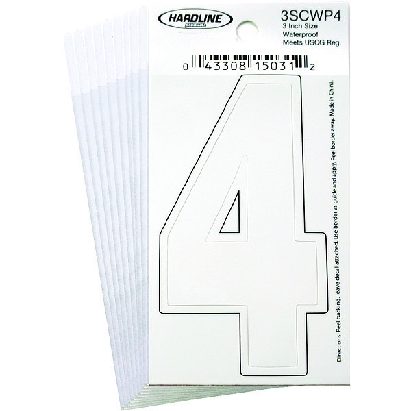 Hardline Products Number 4 Decal, 3" White Vinyl, PK10 3SCWP4