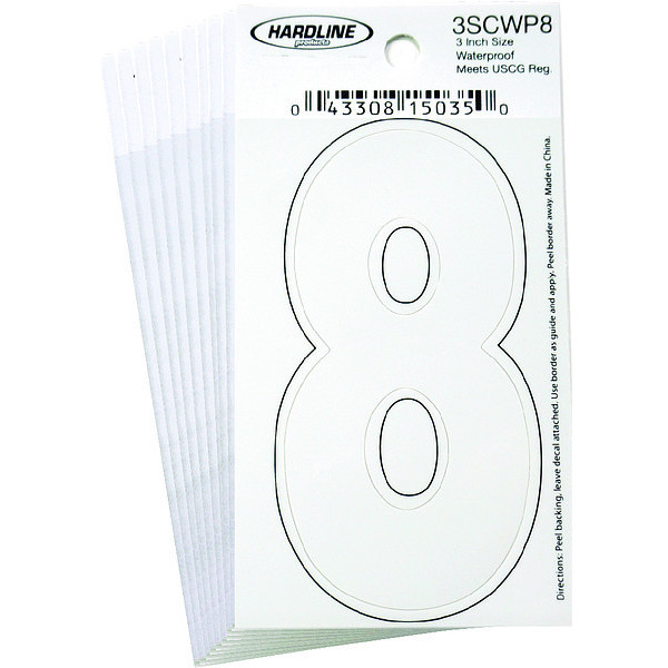 Hardline Products Number 8 Decal, 3" White Vinyl, PK10 3SCWP8