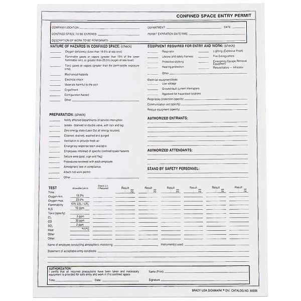 Brady Confined Space Entry Permits, Paper, PK25 65936