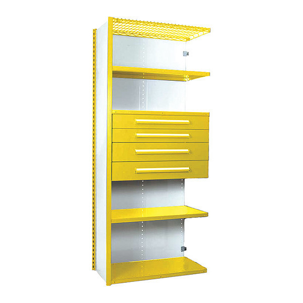 Equipto V-Grip Shelving W/ 4Drwrs/5Shlvs 7x1.5x4, Addon, 3", 4.5", 6", 7.5"Drwrs, YL S4240VHA-YL