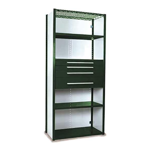 Equipto V-Grip Shelving W/ 4Drwrs/5Shlvs 7x2x3, Strtr, (2)3", 4.5", 7.5" Drwrs, GN S4232VNS-GN