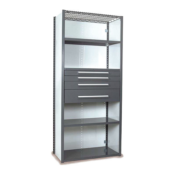 Equipto V-Grip Shelving W/ 4Drwrs/5Shlvs 7x1.5x4, Strtr, (2)3", 4.5", 7.5"Drwrs, GY S4242VHS-GY