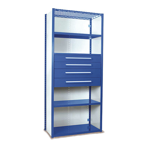 Equipto V-Grip Shelving W/ 4Drwrs/5Shlvs 7x2x4, Strtr, 2-4.5"H And 2-6"HDrwrs, BL S4251VHS-BL