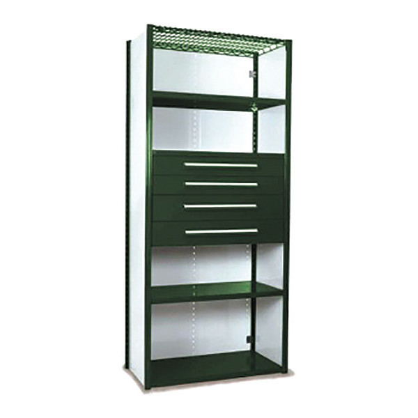 Equipto V-Grip Shelving W/ 4Drwrs/5Shlvs 7x2x3, Strtr, (2)4.5" And (2)6"Drwrs, GN, Number of Shelves: 5 S4231VNS-GN