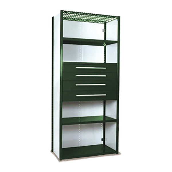 Equipto V-Grip Shelving W/ 4Drwrs/5Shlvs 7x2x4, Strtr, 2-4.5"H And 2-6"HDrwrs, GN S4251VHS-GN