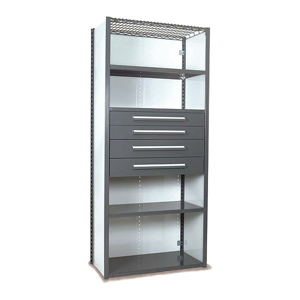 Equipto V-Grip Shelving W/ 4Drwrs/5Shlvs, 7x2x4, Strtr, 2-4.5"H And 2-6"HDrwrs, GY S4251VHS-GY