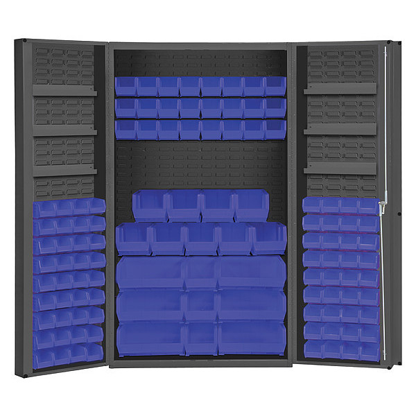 Durham Mfg Cabinet with 114 blue Hook-On-Bins, 3 adjustable shelves on each door DC48-114-6DS-5295