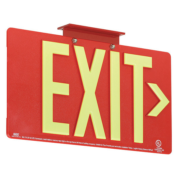 Dual-Lite Photoluminescent Single-Face Exit Sign, Red, 100FT Viewing Distance DPLP100SR