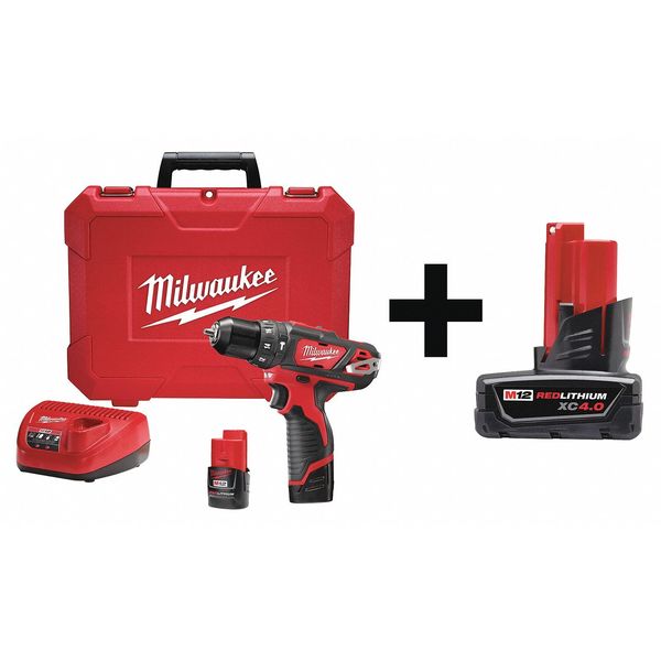 Milwaukee Tool 12.0 V Hammer Drill, Battery Included, 3/8 in Chuck 2408-22, 48-11-2440