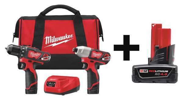 Milwaukee Tool Cordless Combo Kit, 12.0 V, 2 Tools, 2 Batt 2494-22, 48-11-2440