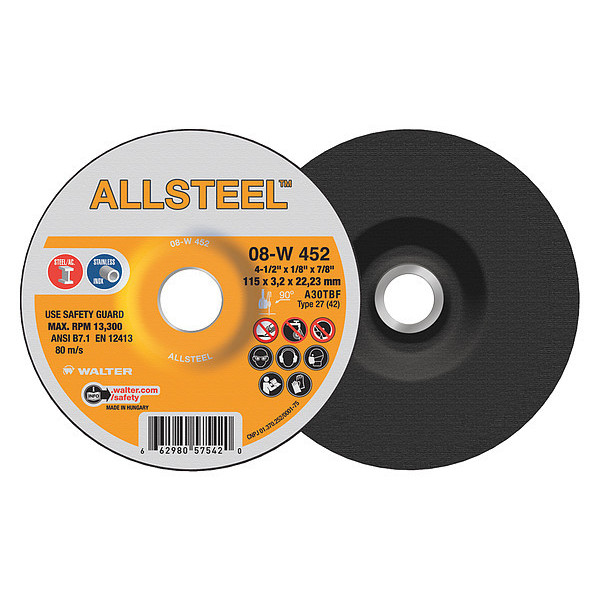 Walter Surface Technologies Allsteel? Grinding Disc 4-1/2?? X 1/8" X 7/8?? T27 Gr:A30 5 08W452