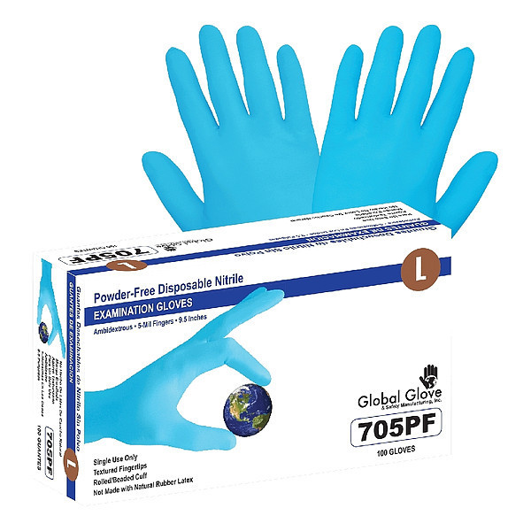 Global Glove & Safety Nitrile Disposable Gloves, 5 mil Palm, Nitrile, Powder-Free, XXL, 100 PK, Blue 705PF-XXL