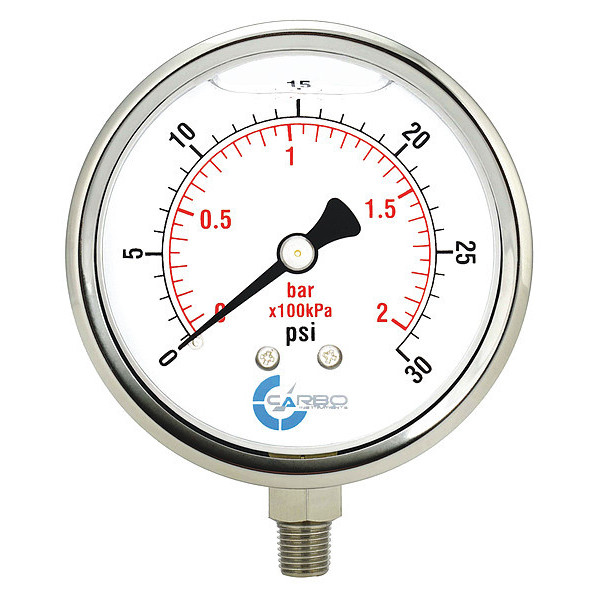 Carbousa Liquid Filled Pressure Gauge, 4", 30 psi L40-SSL-030