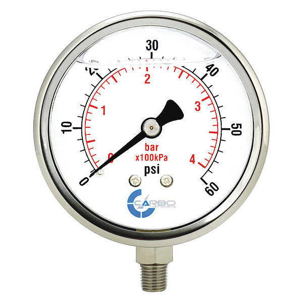 Carbousa Liquid Filled Pressure Gauge, 4", 60 psi L40-SSL-060