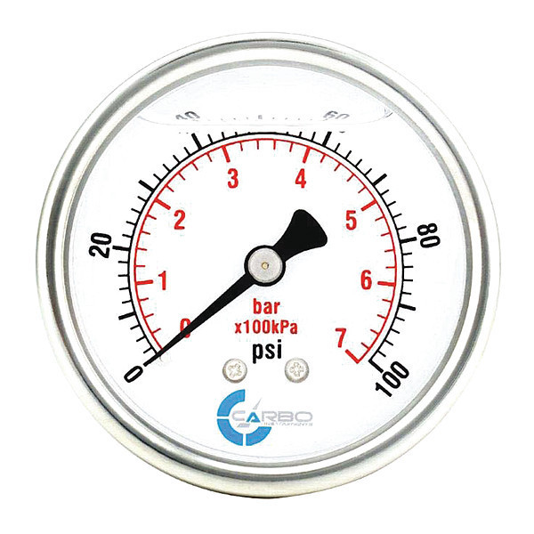 Carbousa Liquid Filled Pressure Gauge, 2 1/2", 100 psi L25-SSB-100