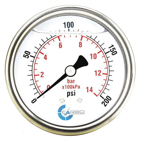 Carbousa Liquid Filled Pressure Gauge, 2", 200 psi L20-SSB-200