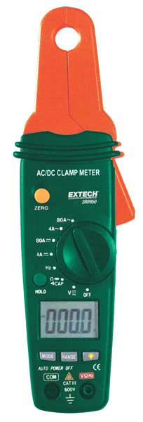 Extech Clamp Meter, LCD, 80 A, 0.5 in (13 mm) Jaw Capacity, Cat III 600V Safety Rating 380950
