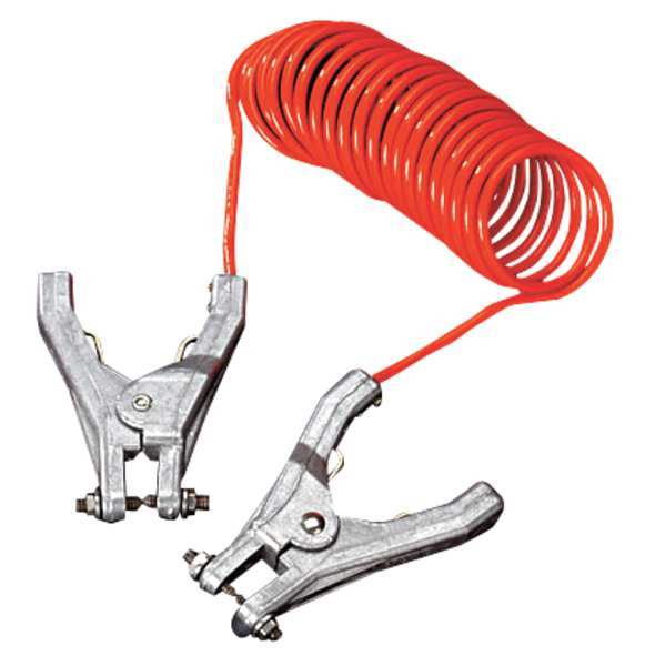 Zoro Select Insulated Coiled Grounding Wire, 10 ft, 3/16 in Dia, 2 Hand Clamps, Orange RAC-10-2