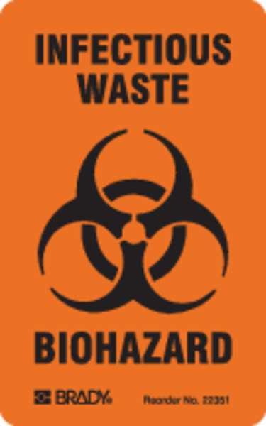 Brady Biohazard Label, 3 in Height, 1 17/20 in Width, Paper, Vertical Rectangle, English 22351LS