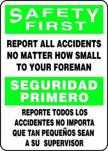 Accuform Spanish-Bilingual Safety First Sign, 14" Height, 10" Width, Aluminum, Rectangle, English, Spanish SBMGNF910VA