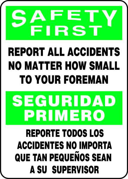 Accuform Spanish-Bilingual Safety First Sign, 14" Height, 10" Width, Plastic, Rectangle, English, Spanish SBMGNF910VP